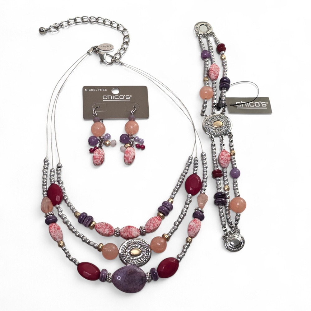 Chicos Beaded Necklace Earrings Bracelet Set Purple Pink Multi Color bohemian‎
